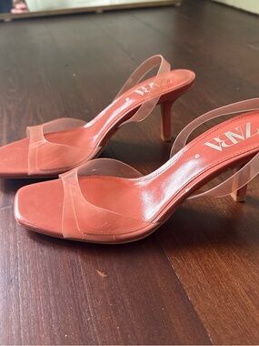 ZARA Coral Patent Slingback Heels with Clear Straps